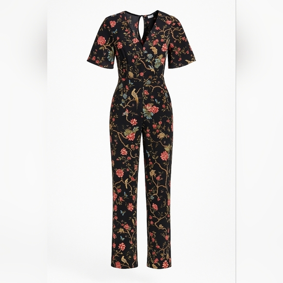 H&M Black Floral Bird Print Jumpsuit Size 00 Elegant Boho Chic One Piece - Picture 7 of 7